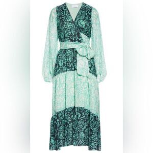 Tanya Taylor Green Print Wrap Dress - Colorblock Floral Liza Dress
